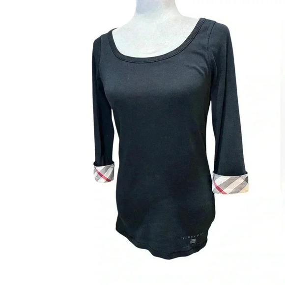Burberry Brit Black Cotton Nova Check Trim Top size medium 3/4 Sleeve - Picture 2 of 10